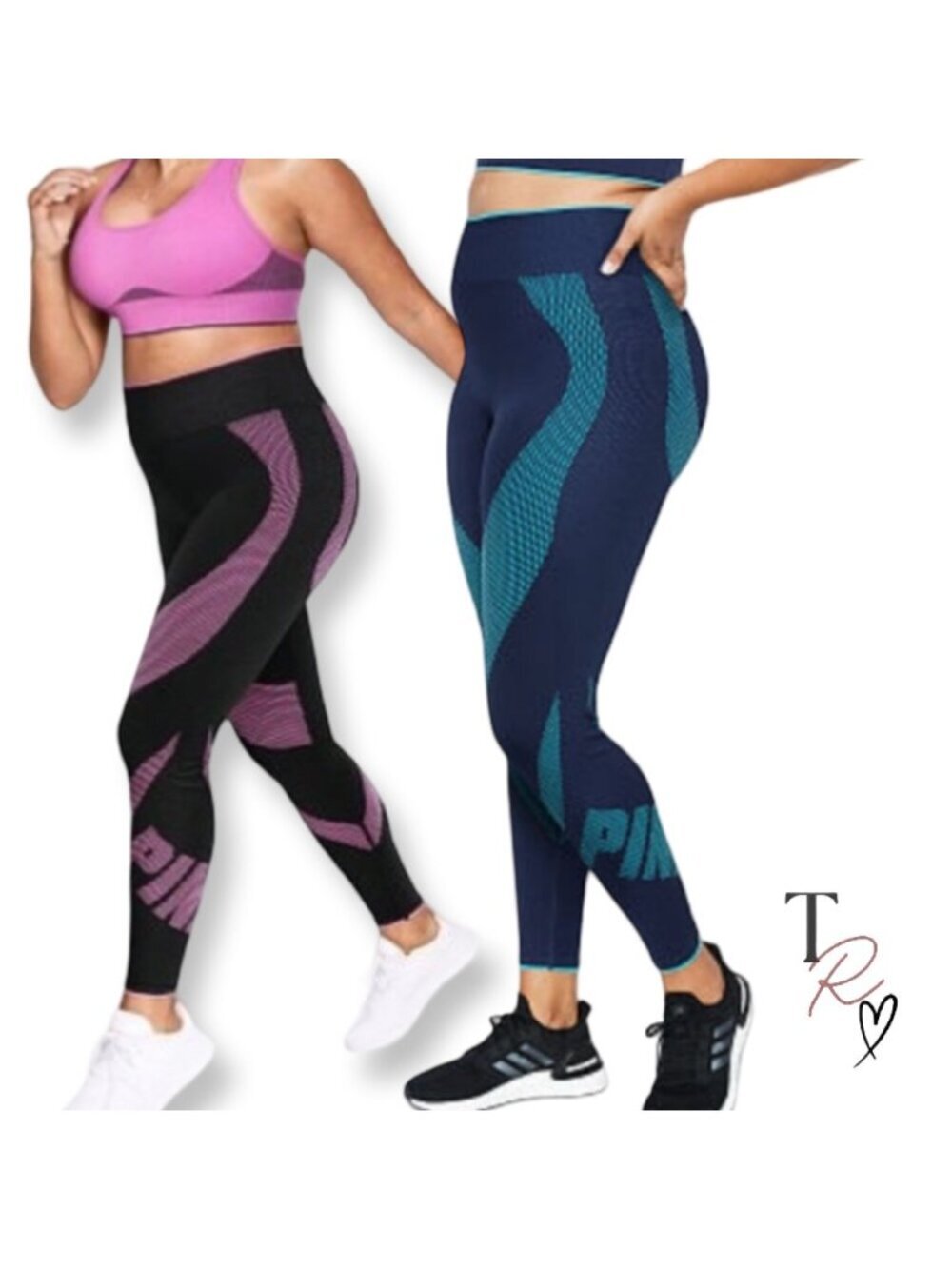 VS PINK Active Bundle of 2 Seamless Workout Leggings Size Medium Black Pink Blue